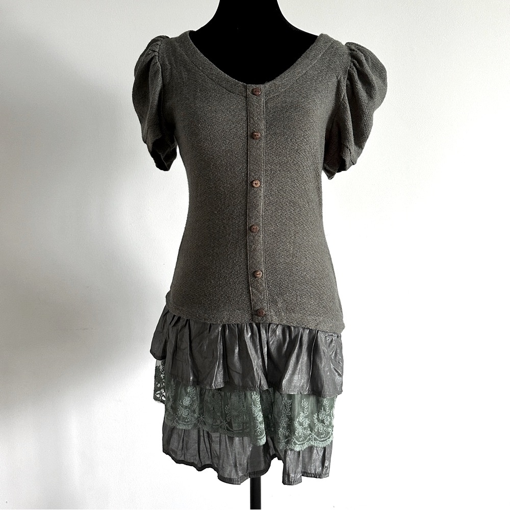 V Neck Drop Waisted Ruffled Dress with Puff Sleeves - Blue Bird Brand